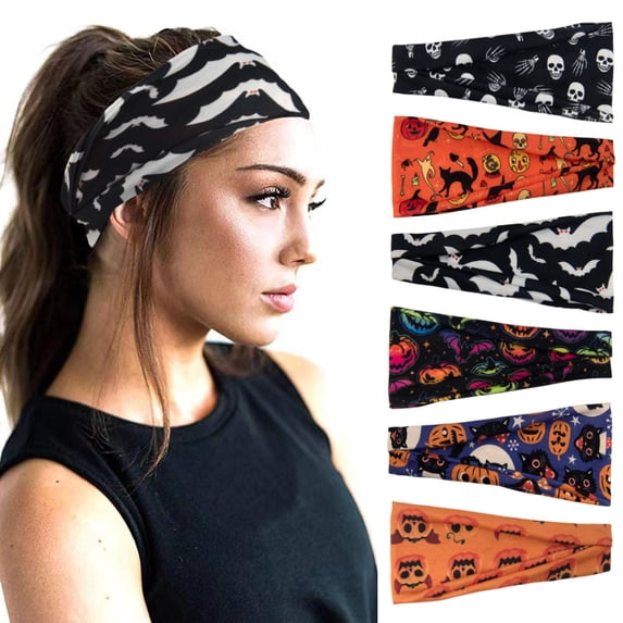 6 Pack Halloween Headbands Women Wide Elastic Head Wrap Headband Pumpkin Sports Yoga Hair Band Halloween Hair Accessories
