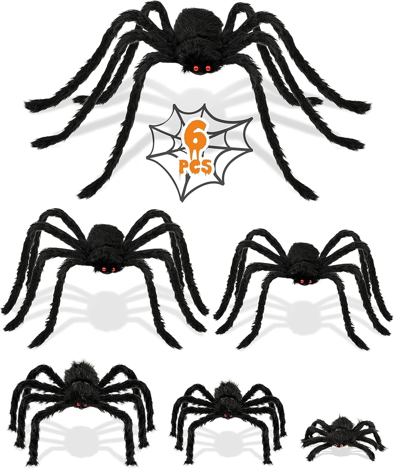 6 Pack Halloween Plush Spiders in Different Sizes for Outdoor and Indoor Decor