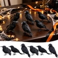 thumbnail image 1 of 6 Pack Halloween Realistic Black Crow Decorations Lifelike Feathered Ravens with Clips Party Props for Fence Tree Pumpkin Indoor Outdoor Decor, 1 of 8