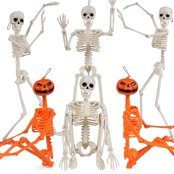 6 Pack Halloween Skeleton Decorations, 16" Full Body Small Posable Skeletons Plastic Bones with Movable Joints for Halloween Garden Graveyard Haunted House Home Prop Decor