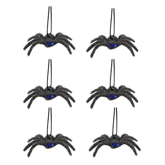 6-Pack Halloween Spider Decoration with Flocking Web, Hanging Party Prop with Colorful Eyes, Indoor Outdoor Creepy Crawler Decor - A
