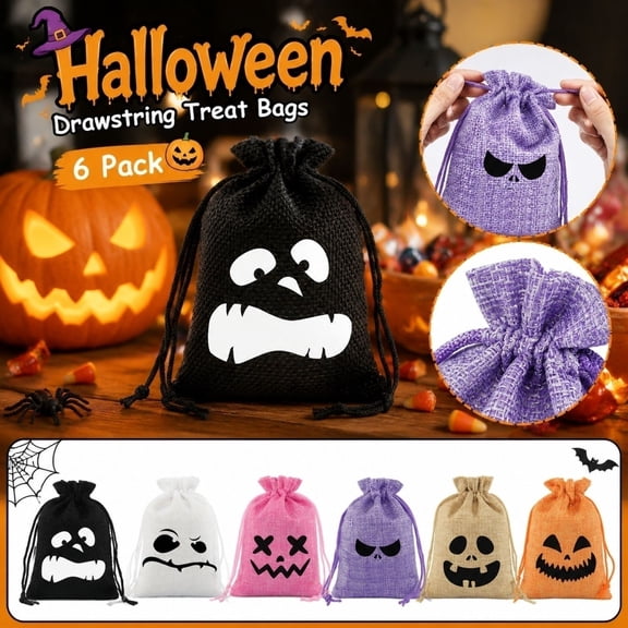 6 Pack Halloween Trick or Treat Candy Pouches，Burlap Drawstring Goody Bags with 6 Different Ghost Pumpkin Face Designs，Portable Small Gift Bags for Halloween Party Favors