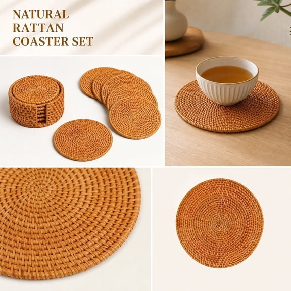 6 Pack Handmade Rattan Coasters with Holder, 4.7 Inch Natural Wicker Boho Drink Coasters Set, Heat Resistant Reusable Table Protectors for Home Decor, Brown