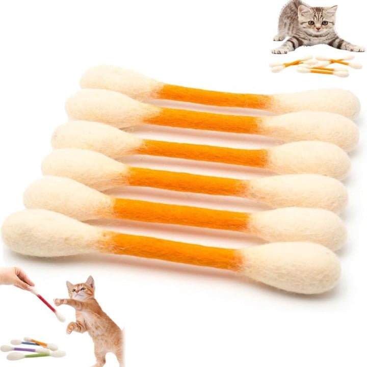 6 Pack Handmade Wool Felt Cat Toys - 5.9" Giant Cotton Swab Kicker Sticks with Catnip for Boredom Relief & Dental Care