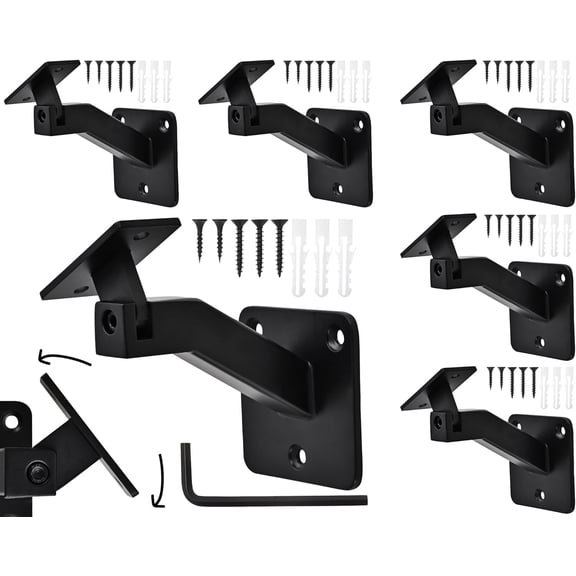 6 Pack Handrail Brackets for Indoor Stairs, Heavy Duty Hardware Support Stair Railing Bracket for Stairways, with Adjustable Square Stair Hand Rail Bracket for Staircase Outdoor, Stair Brackets Black