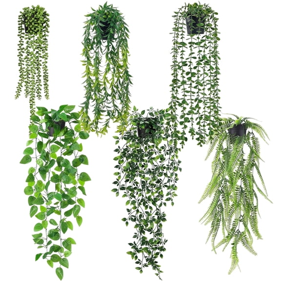 Miracliy 6 Pack Artificial Hanging Potted Vines, Assorted Fake Trailing Greenery Plants for Indoor Wall Home Decor