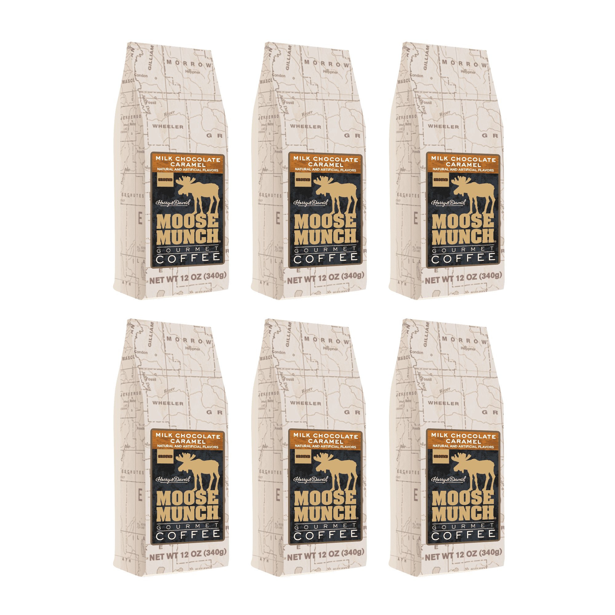 (6 Pack) Harry & David Moose Munch Milk Chocolate Caramel Ground Coffee, Medium Roast, 12 Oz