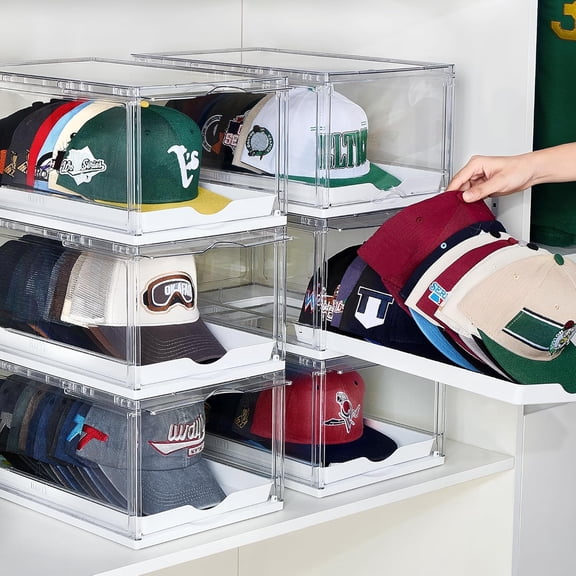 6 Pack Hat Organizer for Baseball Caps, Clear Hats Holder Box with Drawer, Large Cap Storage with Sliding Tray, Stackable Rack Display Case with Magnetic Door, Each Holds 12 Hats