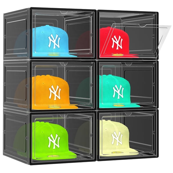 6 Pack Hat Organizer Box, Stackable Clear Baseball Caps Holder Box Containers with Magnetic Door for Hats Snapback Cap Storag, Hat Rack Display Case, Holds 8 Hats Each