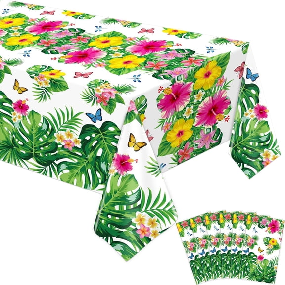 6 Pack Hawaiian Luau Tablecloth with Butterfly Tropical Table Cover Palm Leaves Party Table Cloth Waterproof Rectangular Decoration for Aloha Summer Beach Pool Birthday Party Supplies, 51 x 86 in