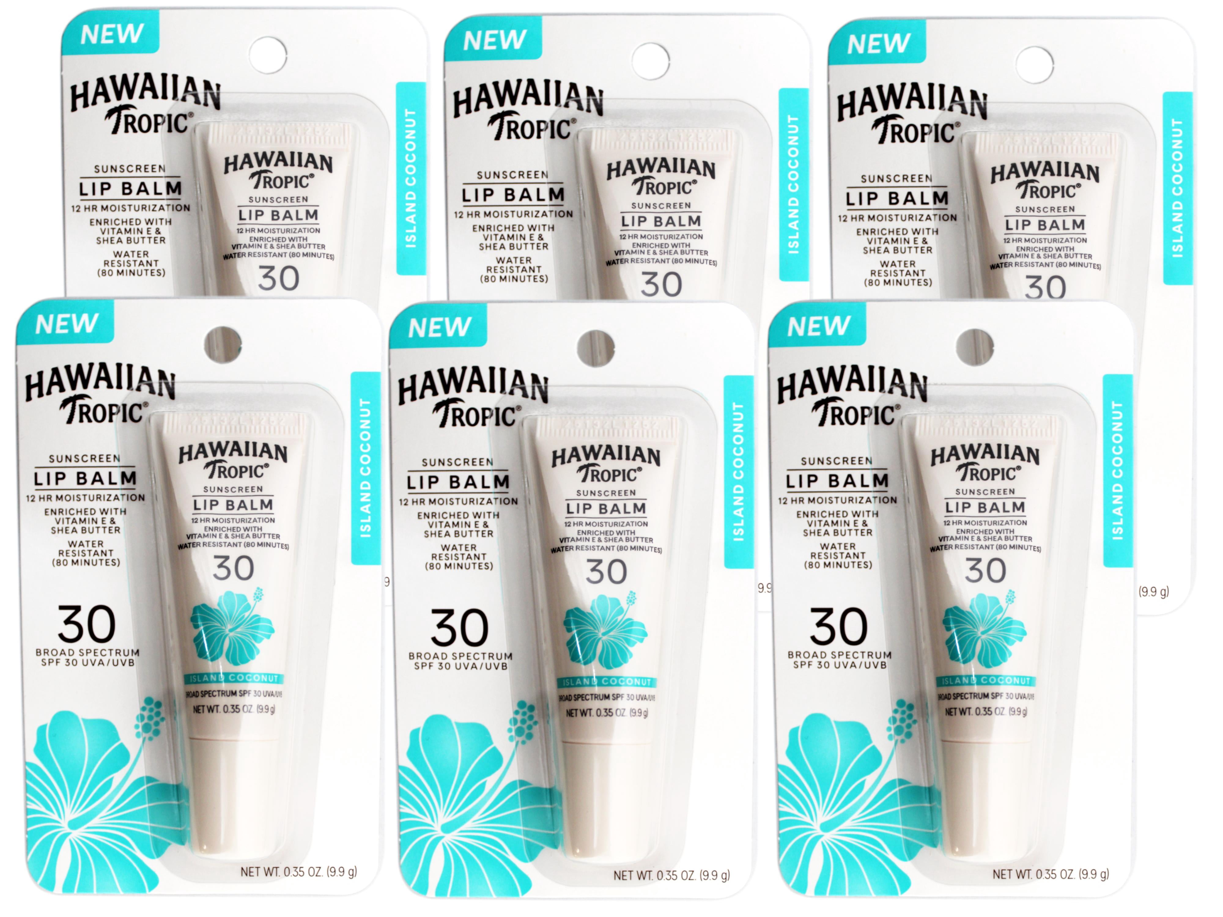 6 Pack - Hawaiian Tropic Sunscreen Lip Balm with Vitamin E & Shea Butter, Water Resistant 80 Minutes, SPF 30, Island Coconut, 0.35 OZ