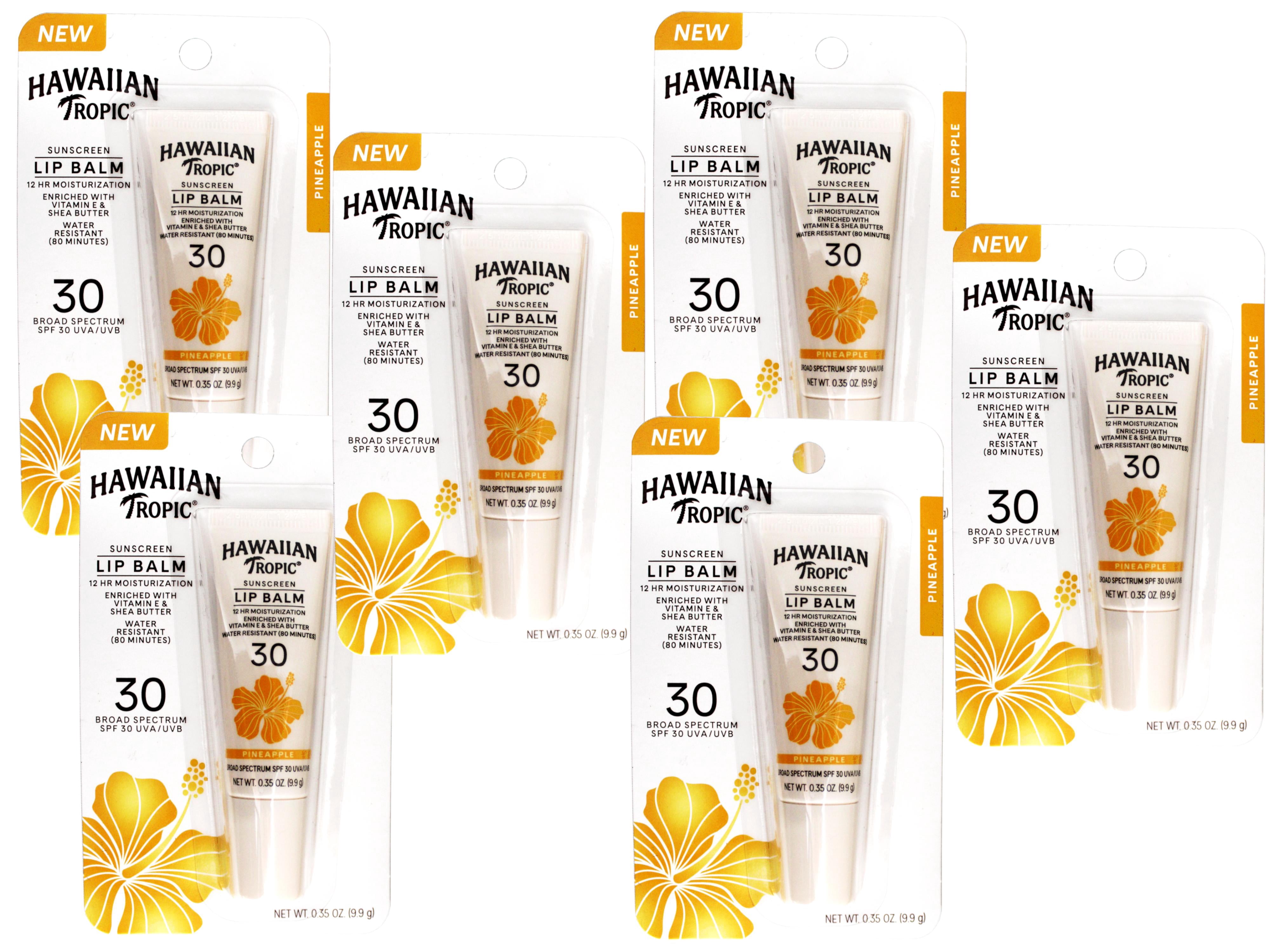 6 Pack - Hawaiian Tropic Sunscreen Lip balm SPF 30, Pineapple, 12Hr Moisturization with Vitamin E & Shea Butter, Water Resistant (80 minutes), 0.35 OZ