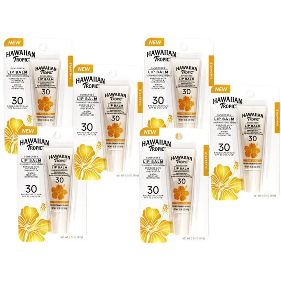 6 Pack - Hawaiian Tropic Sunscreen Lip balm SPF 30, Pineapple, 12Hr Moisturization with Vitamin E & Shea Butter, Water Resistant (80 minutes), 0.35 OZ