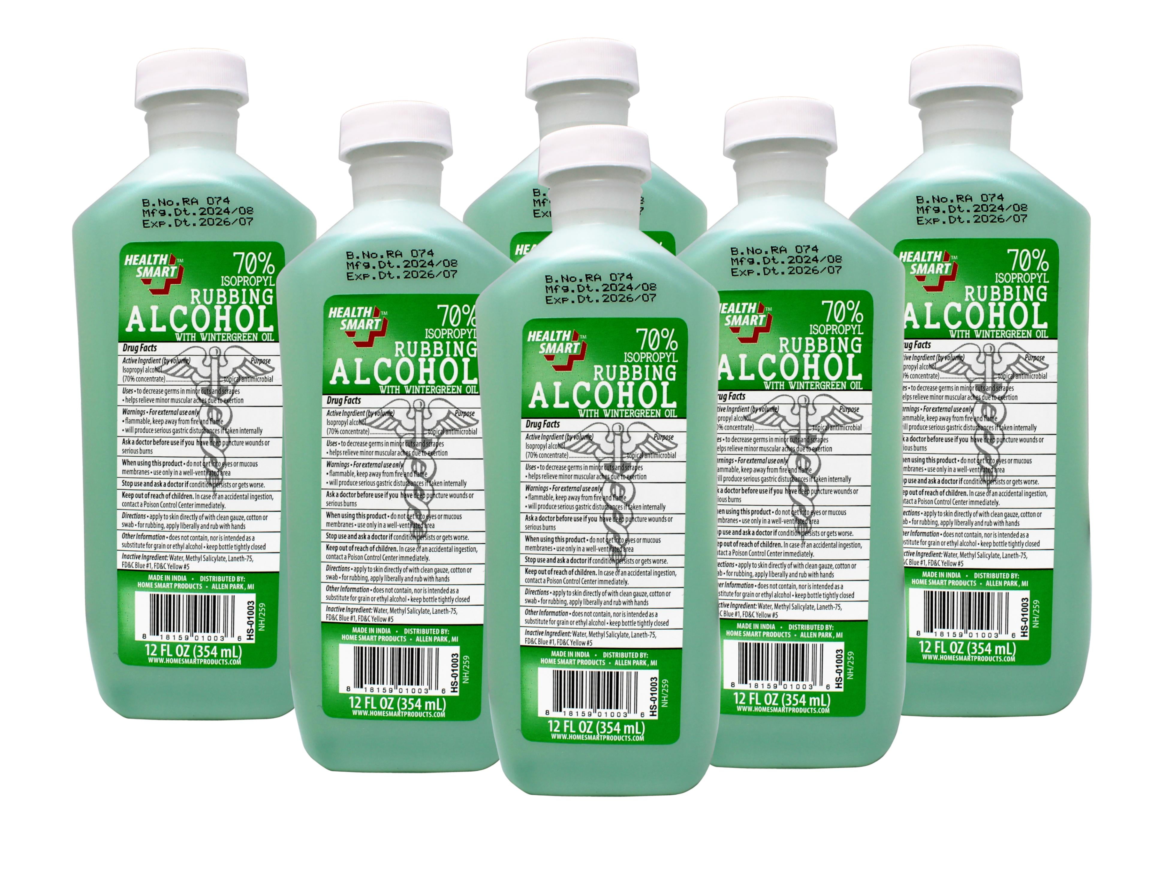 6 Pack - Health Smart 70% Isopropyl Rubbing Alcohol with Wintergreen Oil – Antiseptic & First Aid Solution, 12 oz
