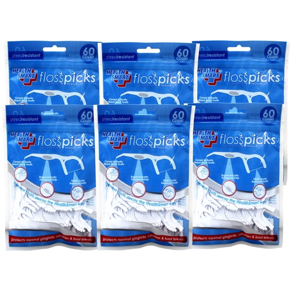 6 Pack - Health Smart Floss Picks, Slides Easily Between Teeth, 60 Count