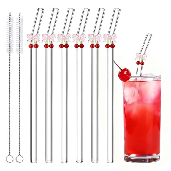 6 Pack Heat-Resistant Glass Straws with Brushes | Pink Butterfly Bow & Red Cherry Design, Eco-Friendly, Dishwasher Safe