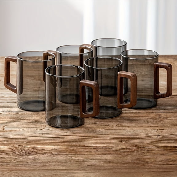 6Pcs High Borosilicate Glass Coffee Mugs with Wooden Handle, Transparent Black Rim Heat Resistant Cups for Iced Coffee Milk Juice Milk Tea Home Office Party