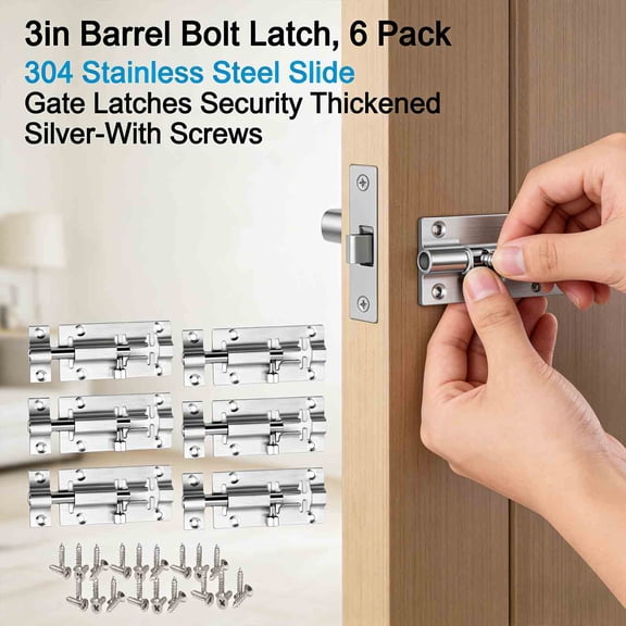 MKDAQIQIU 3in Barrel Bolt Door Lock Latch , 6 pack 304 Stainless Steel Slide Gate Latches Security Thickened  Silver