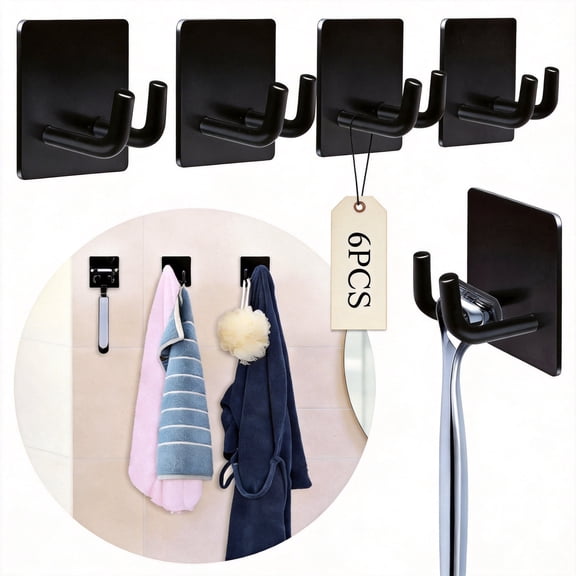Timberium 6 Pack Heavy Duty Adhesive Wall Hooks, Matte Black Stainless Steel Towel Hooks for Bathroom, No-Drill Waterproof Robe and Coat Hangers, Sticky Hooks for Hanging Razors, Hats, and Loofahs