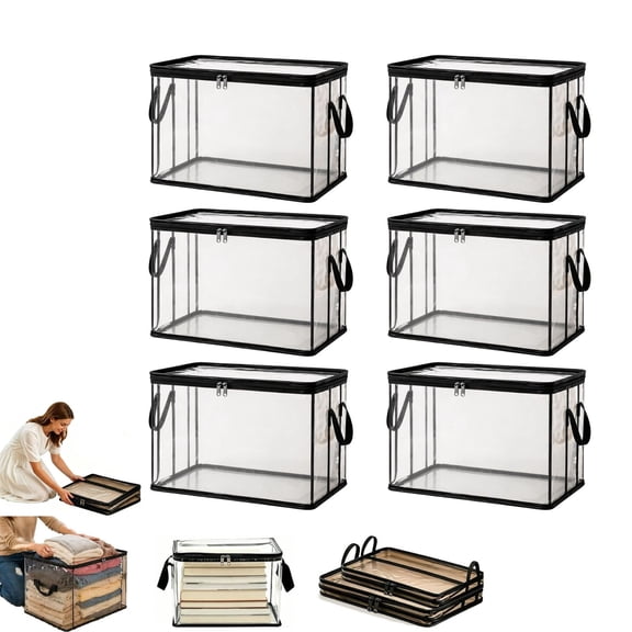 6 Pack Heavy Duty Clear Plastic Storage Bags, Foldable Stackable Moving Totes with Zipper, Handles & Lids, for Clothes, Blankets & Closet Organization