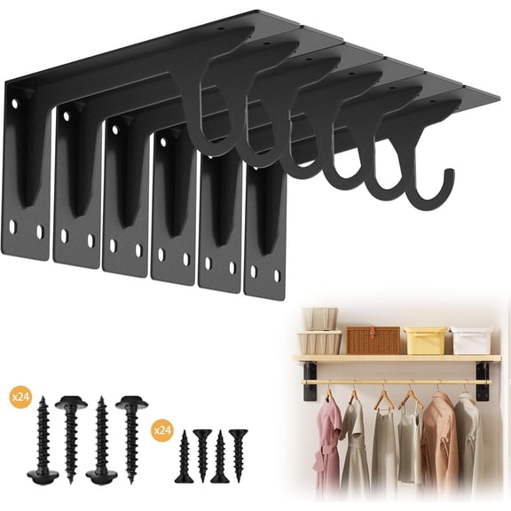 6 Pack Heavy Duty Closet Rod Support Brackets 300lbs Capacity | 11 x 4.8 Inch Sturdy and Durable Wall Mounted Floating Shelf Bracket with Hook for Laundry Room Kitchen Organization