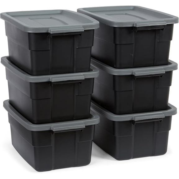 6-Pack Heavy Duty Durable 3 GAL Totes for Storage with Snap Lids and Handles, Plastic Storage Bins Stackable Black Gray for Home and Garage (3 GAL - 6 Pack Solid Black and Grey)