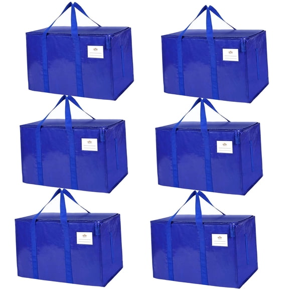 6 Pack Heavy Duty Extra Large Blue Moving Bags, Durable Bag with Strong Handles and Zipper, Moving Boxes Alternative for College Packing, Holiday Dcor, Space Saving Storage with Label