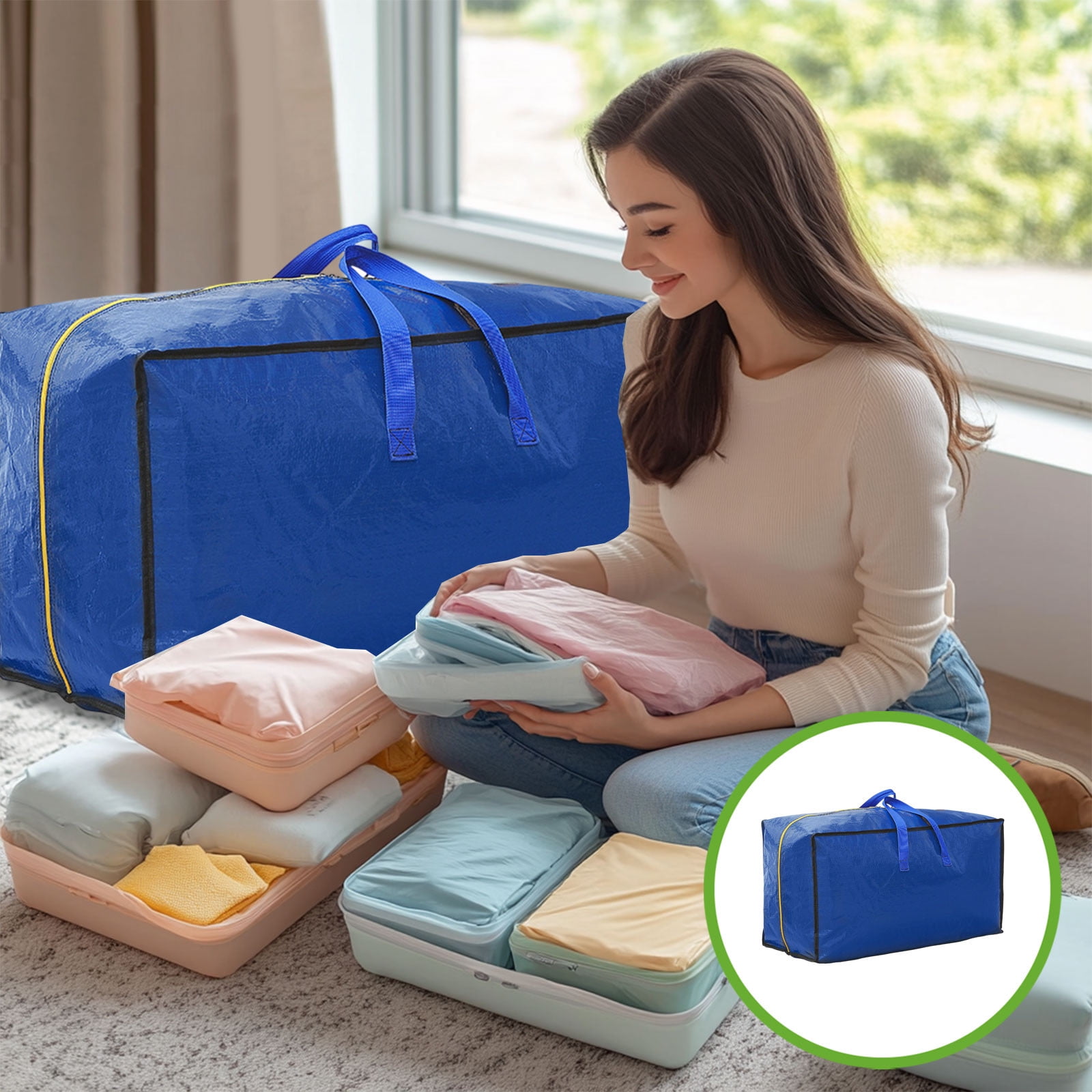 AMJ Heavy Duty Extra Large Moving Bags (Set Of 2) - 100L Storage Totes With 3-Side Zipper & Handles, Blue