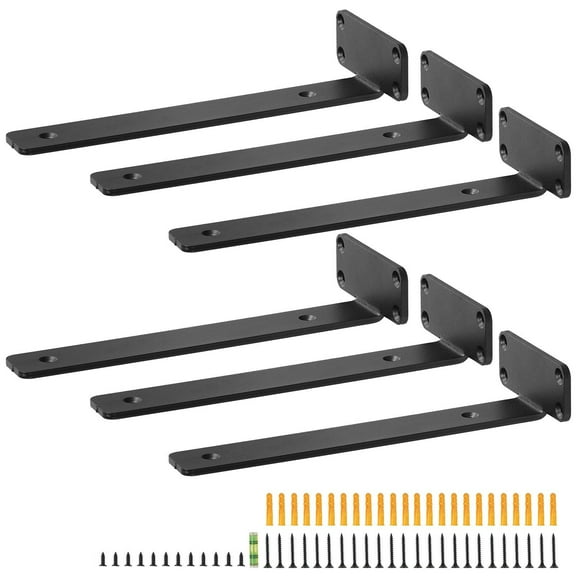 6-Pack Heavy Duty Floating Shelf Brackets, 10x4x1.6 Inch, 160 lb Capacity, 5mm Thick Steel, Matte Black L-Shaped Shelving Supports for Wall Mounted Shelves