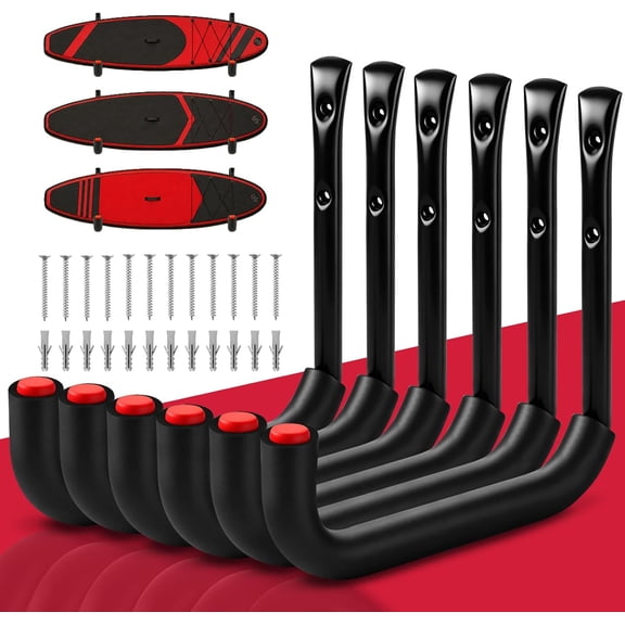 6 Pack Heavy Duty Garage Hooks, Ladder Hooks for Garage Wall, Each Holds Up to 66 LB, 9.8 Inch EVA-Padded Steel Utility Hangers for Bikes, Folding Chairs, Garden Hoses and Tools