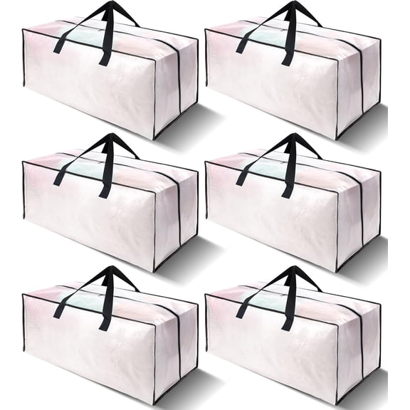 6 Pack Heavy Duty Large Moving Bags W/Backpack Straps - Strong Handles & Zippers, Storage Totes For Space Saving, Fold Flat, Alternative to Moving Box and Storage Bin, Semi-Transparent