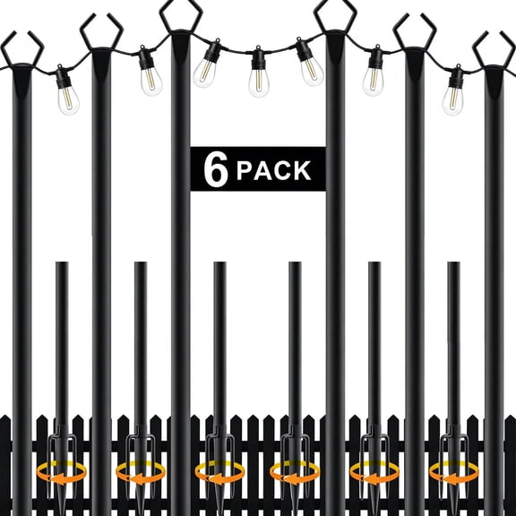 6 Pack Heavy-Duty Metal String Light Poles with Fork for Outdoor Patio Backyard 8FT