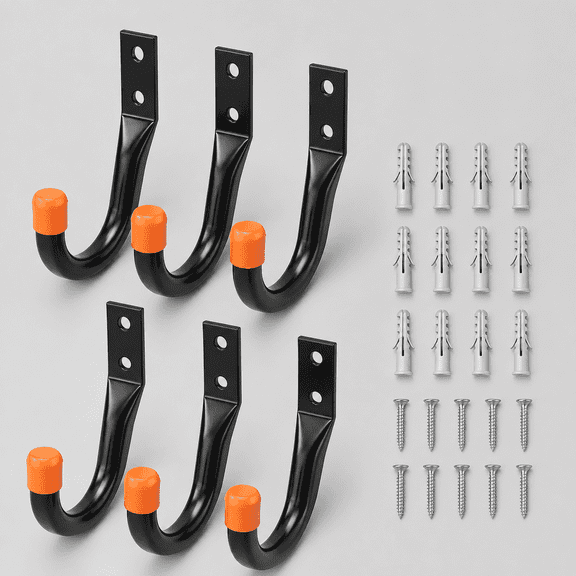6-Pack Heavy Duty Metal Wall Hooks, Large Garage Storage & Organization Hooks for Tools, Extension Cords, Ladders, and Bags, Wall Mount J Hooks for Indoor Outdoor Use, Black