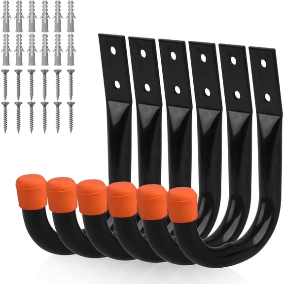 6-Pack Heavy Duty Metal Wall Hooks, Large Garage Storage & Organization Hooks for Tools, Extension Cords, Ladders, and Bags, Wall Mount J Hooks for Indoor Outdoor Use, Black