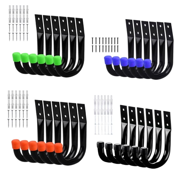 6-Pack Heavy Duty Metal Wall Hooks, Large Garage Storage & Organization Hooks for Tools, Extension Cords, Ladders, and Bags, Wall Mount J Hooks for Indoor Outdoor Use, green