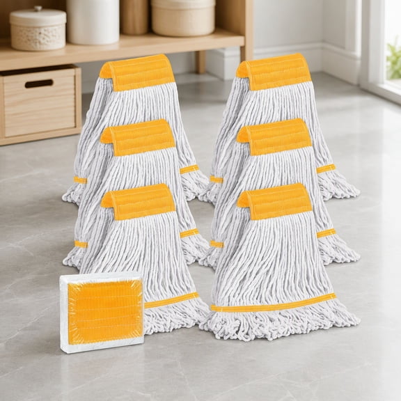6 Pack Heavy Duty Mop Replacement, End Cotton Blend String Refill for Side Loading & Clamp Style Mops, Yellow