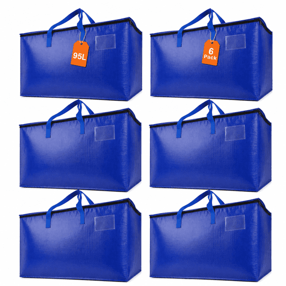 6-Pack Heavy Duty Moving Bags, Extra Large Blue Storage Totes with Zippers and Backpack Straps for College Dorm and Moving Boxes