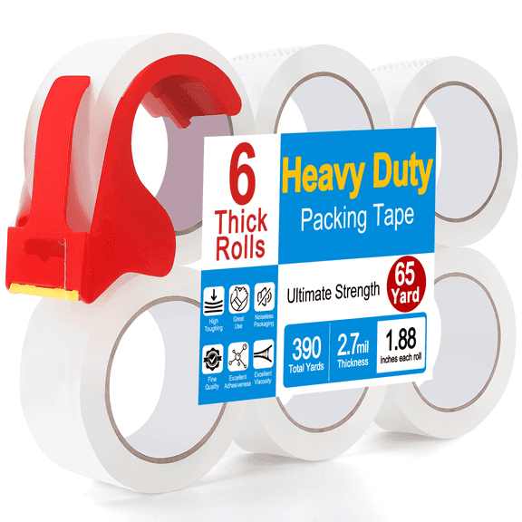 6-Pack Heavy Duty Packing Tape, 1.88 inch x 390 Yards Total, Clear Shipping Tape for Boxes, Mailing, Moving & Storage, 2.7 mil Strong Adhesive with Dispensers