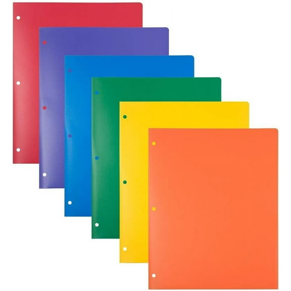 6/Pack Heavy Duty 3 Hole Punch Pocket Folders - Extra Tough School Folders - Assorted Primary Colors