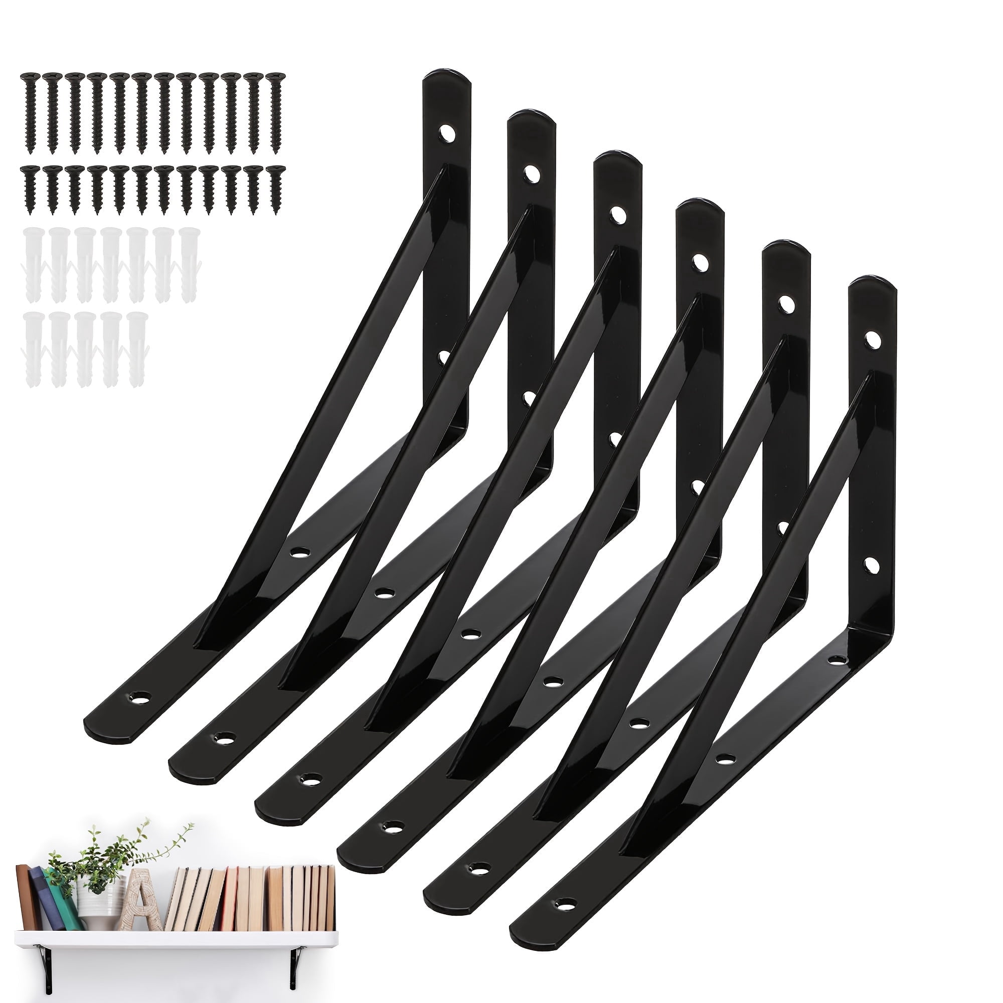 6 Pack Heavy Duty Shelf Brackets, 8 inch Wall Mount L-Shaped Shelf Bracket for Floating, Black Metal Shelf Brackets with Screws, 88 Degree Triangle Corner Brace Joint Angle Bracket