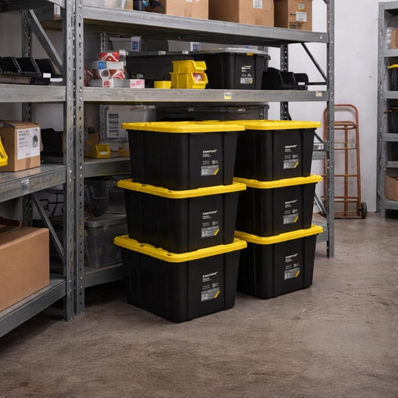 6 Pack Heavy Duty Stackable Storage Container with Snap-Tight Lid, Resistant To Weather Organization Tote, 27 Gallon, Black and Yellow