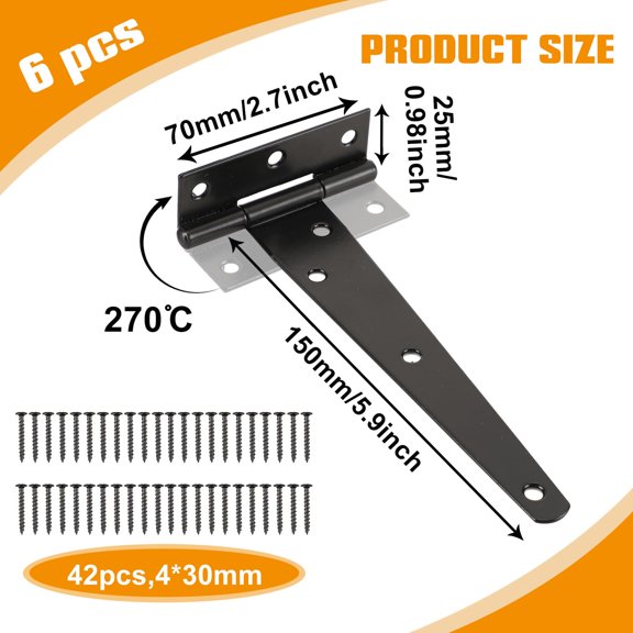 6 Pack Heavy Duty T Strap Gate Hinges with Door Handles Black 6 Inch 4 Pcs Handle with Screws