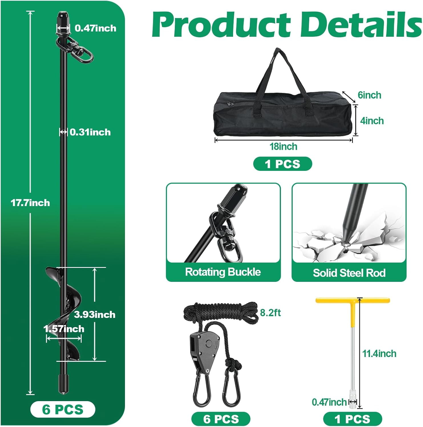 6 Pack Heavy Duty  Tent Stakes with Ratchet Guy Lines and Wrench for Camping Beach Sand