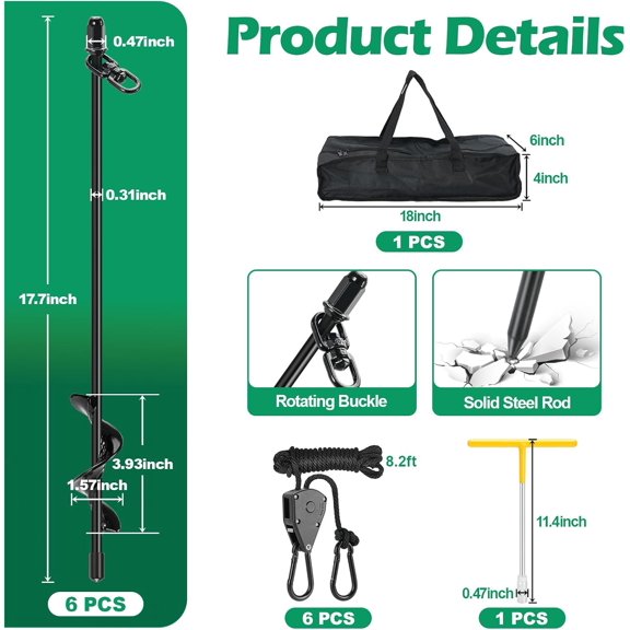 6 Pack Heavy Duty  Tent Stakes with Ratchet Guy Lines and Wrench for Camping Beach Sand