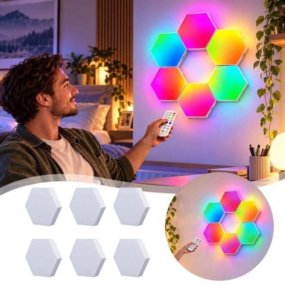 6 Pack Hexagon LED Wall Lights, Smart RGB Wall Panels with Music Sync for Gaming Room Decor