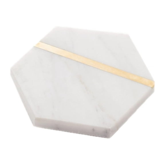 6 Pack Hexagon Marble Coasters with Cork Backing, 4 in Natural Stone Drink Coasters with Brass Inlay, Non-Slip Absorbent Coasters for Home, Coffee Table & Kitchen (White)