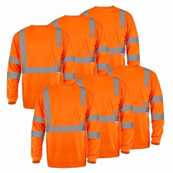 Hi-Vis Safety Shirt Class 3 Reflective, Orange Long Sleeve Work T-Shirt 6-Pack M
