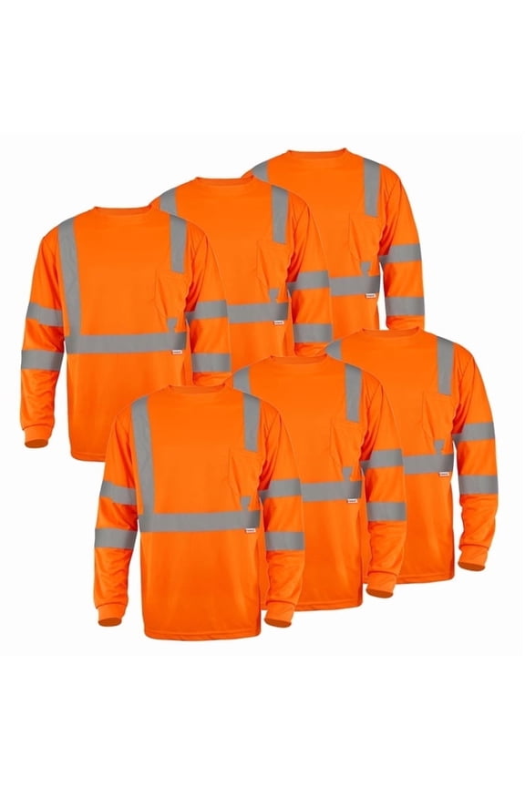 Hi-Vis Safety Shirt Class 3 Reflective, Orange Long Sleeve Work T-Shirt 6-Pack XL