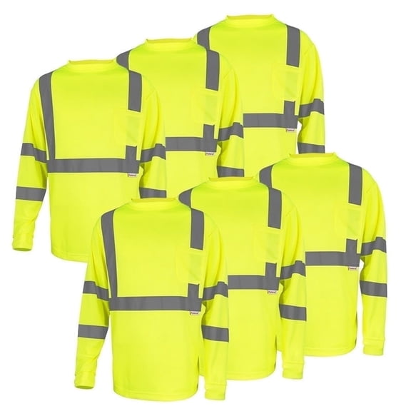 Hi-Vis Safety Shirt Class 3 Reflective, Yellow Long Sleeve Work T-Shirt 6-Pack L