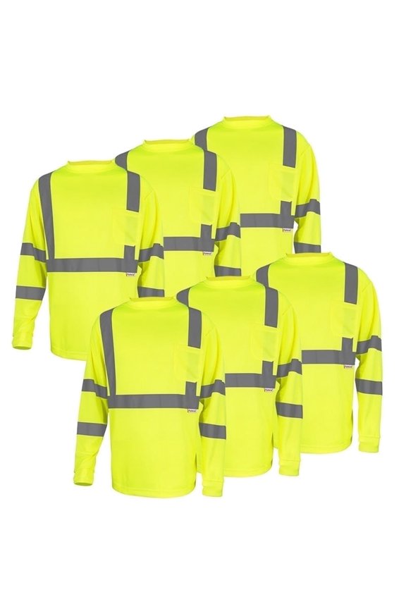 Hi-Vis Safety Shirt Class 3 Reflective, Yellow Long Sleeve Work T-Shirt 6-Pack L